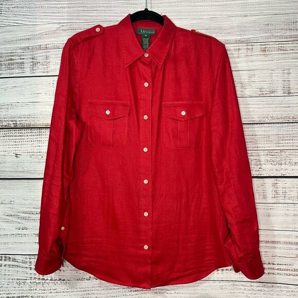 Lauren Ralph Lauren 100% Linen Medium Red Button Up Shirt Roll Tab Sleeves - Picture 1 of 12